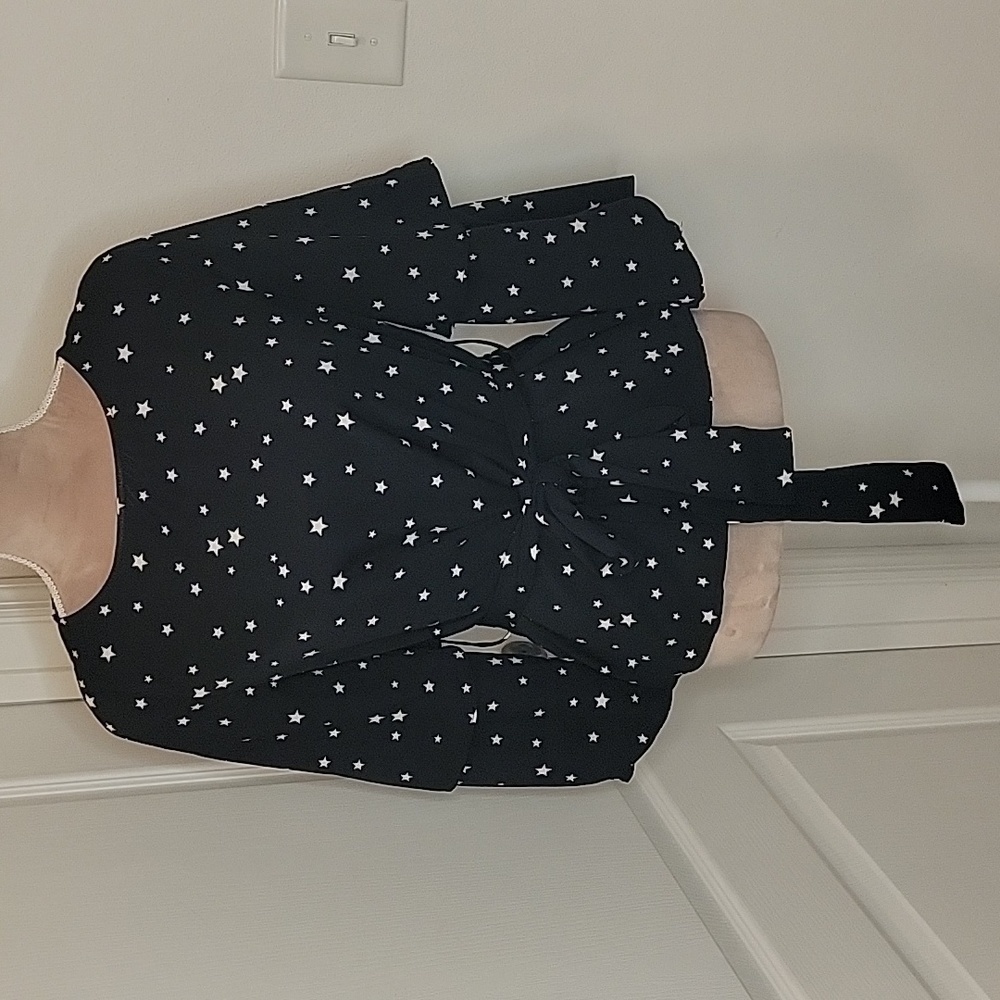 J.O.A. Size S Star Print Blouse. Black with White Stars. Excellent Used Cond.